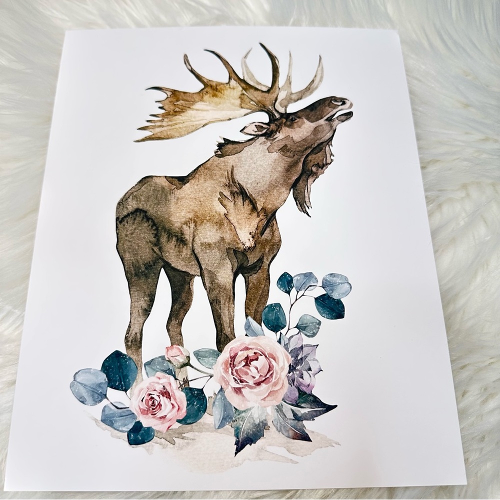 Watercolor Floral Moose Elk Deer Portrait Wall Art Illustration Print Unframed - Picture 17 of 17